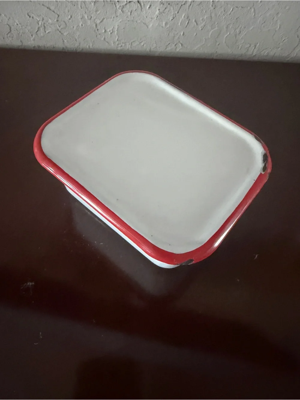 Vintage 1930s 40s Enamelware Refrigerator Box Lid White Red Trim 5”